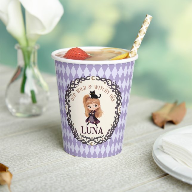 Chibi Witch One 1st Birthday Invitation Watercolor Paper Cups (Insitu)