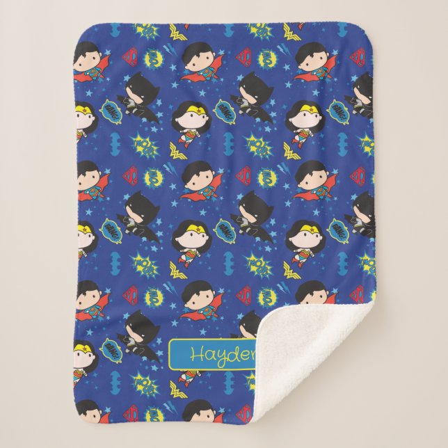 Chibi Wonder Woman, Superman, and Batman Pattern Sherpa Blanket (Front)