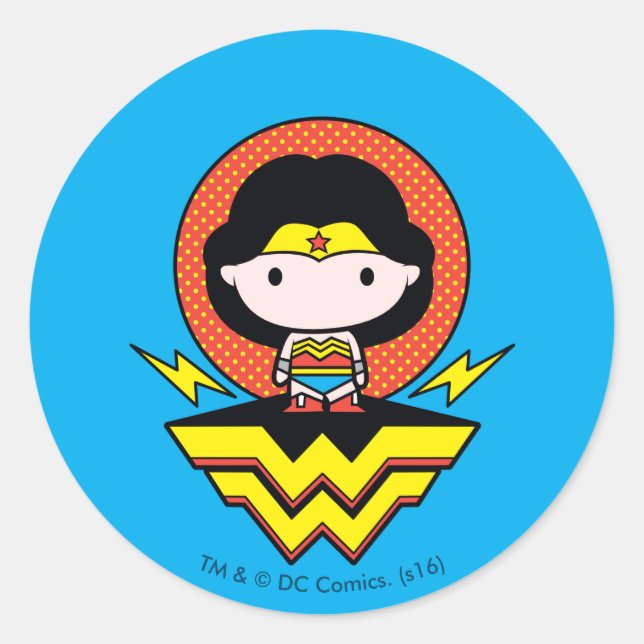 Chibi Wonder Woman With Polka Dots and Logo Classic Round Sticker (Front)
