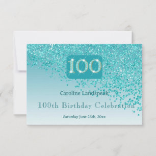 Chic 100 Birthday Teal Blue Glitter RSVP Card