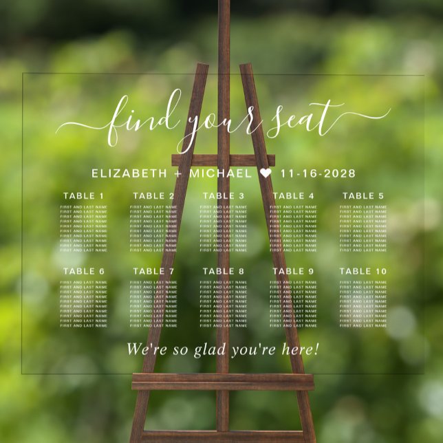 Chic 10 Table White Script Wedding Seating Clear Acrylic Sign (Creator Uploaded)