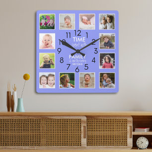 Chic 12 Photo Collage Family Time Quote Periwinkle Square Wall Clock