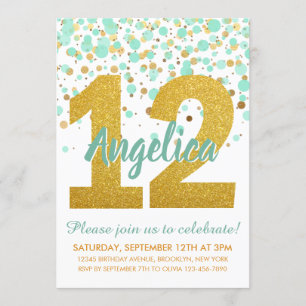 Chic 12th Birthday Mint Gold Glitter Confetti Girl Invitation