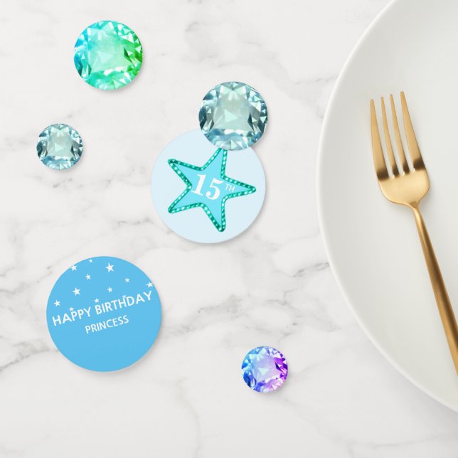 Chic 15th Birthday & Light Turquoise Blue Gems Confetti (Group)