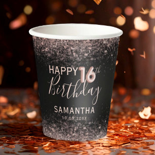 Chic 16th Birthday Black and Rose Gold Glitter Paper Cups