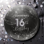 Chic 16th Birthday Silver Glitter & Black  Paper Plate<br><div class="desc">Add a touch of glamour to your event with this sleek and sophisticated party plate featuring sparkling silver glitter and dazzling stars on a black background. Accented with bold balloon-style typography, this design creates a stunning statement for any celebration. Perfect for adding elegance and shine, it ensures you’ll stand out...</div>