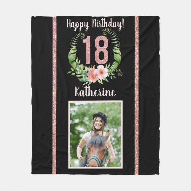 Chic 18th Birthday Pink Glitter Name Photo Fleece Blanket (Front)