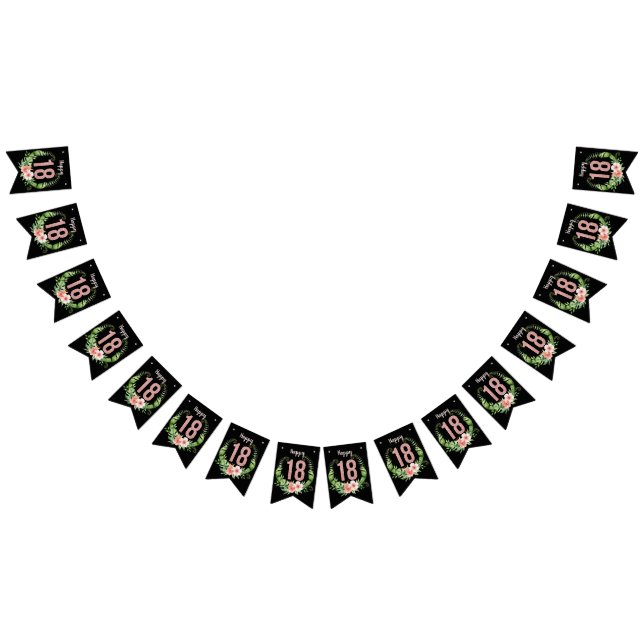 Chic 18th Birthday Rose Gold Glitter Black Floral Bunting (All)