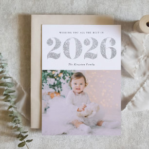 Chic 2019 Silver Glitter Happy New Year Photo Holiday Card
