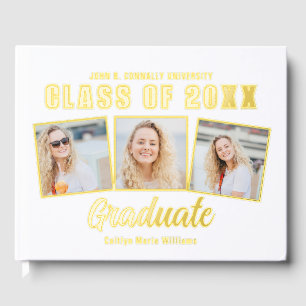 Chic 2025 Graduation 3 Photo Collage Gold Foil Guest Book