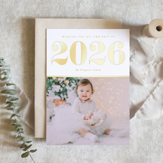 Chic 2025 Happy New Year Photo (Ring in 2026 with this modern Happy New Year photo card featuring retro typography in gold foil.)