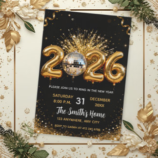 Chic 2026 New Year' Eve Party Gold Glitter Black Invitation