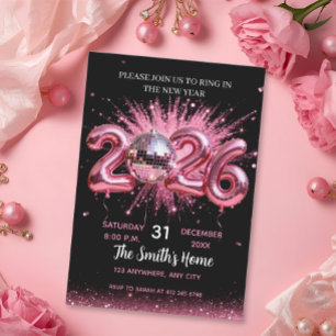 Chic 2026 New Year' Eve Party Pink Glitter Black  Invitation