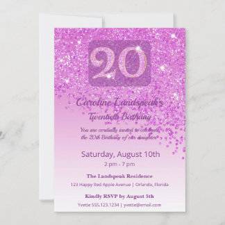 Chic 20th Birthday Pink Glitter Invitation