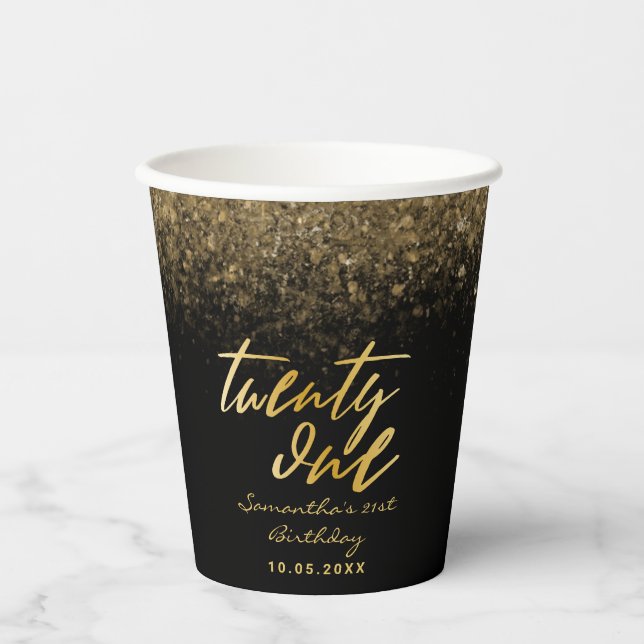 Chic 21st Birthday Black and Gold Glitter  Paper Cups (Front)