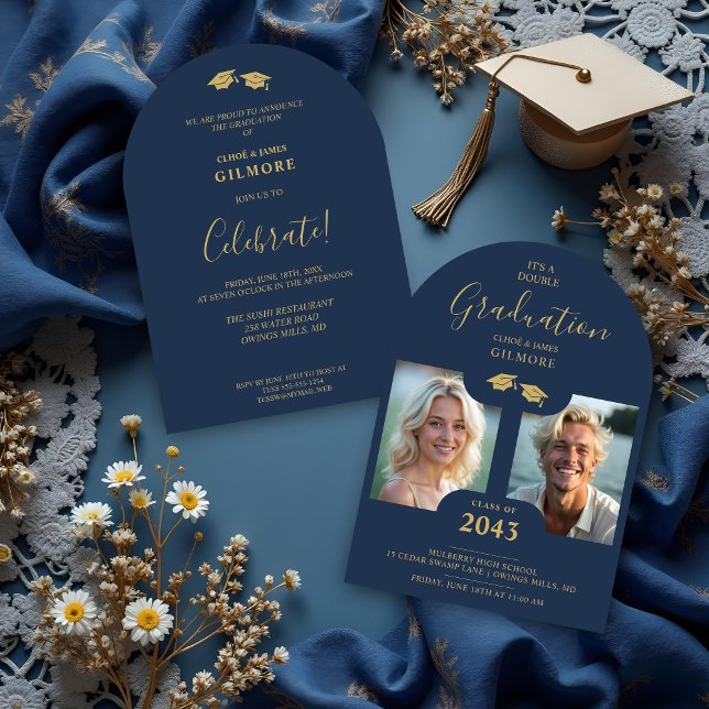 Chic 2-Photo Twins Graduation Faux Golden Blue Invitation (Chic 2-Photo Double Twins Graduation Fake Golden and Blue Whimsical Modern Calligraphy Invitation.)