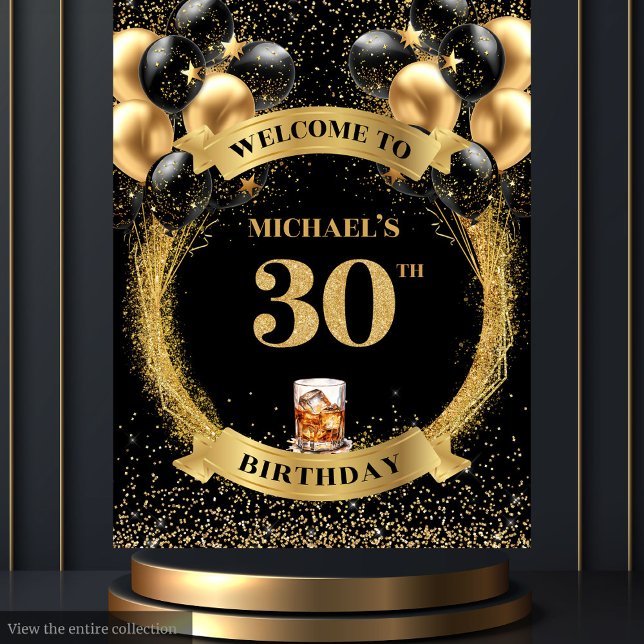 Chic 30th Man Birthday Whiskey Party Event Banner Tapestry (Chic 30th Man Birthday Whiskey Party Event Banner)