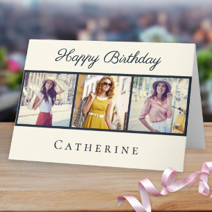 Chic 3 Photo Collage Elegant Script Birthday Card