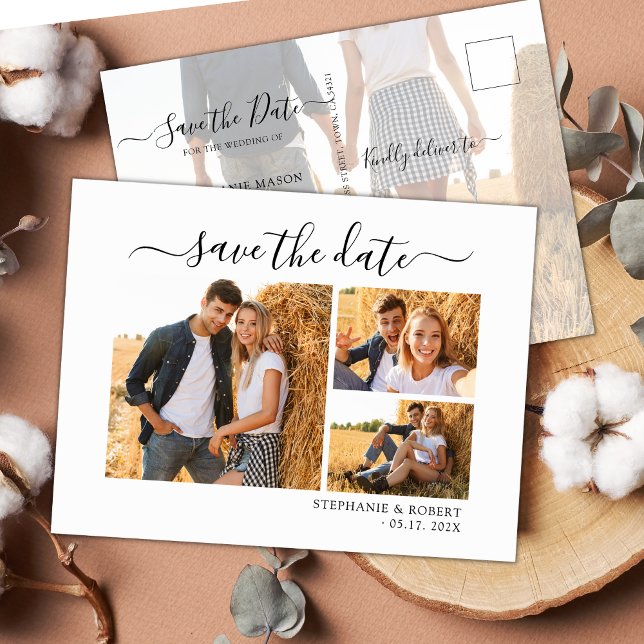 Chic 3 Photo Collage Wedding Budget Save The Date Announcement Postcard (Creator Uploaded)