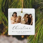 Chic 3 Photo Will You Be My Bridesmaid Keepsake Ceramic Ornament<br><div class="desc">Classic, elegant, simple 3 Photo Bridesmaid Proposal Christmas Ornament - Ask your sister, bestie or neice to be your bridesmaid at your wedding! All text is easily customised using the template provided. The cute little heart colour can be changed to suit your chosen colour scheme. Simply add name/s, personal message...</div>