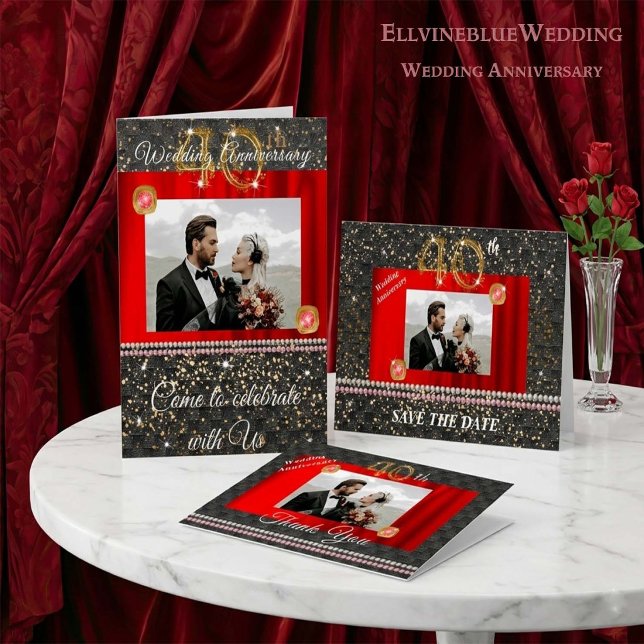 Chic 40th Anniversary Party | Ruby Red & Gold Invitation (Creator Uploaded)