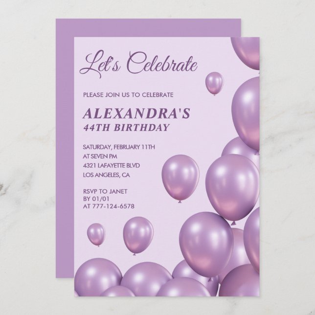 Chic 44th birthday invitations Balloons  Purple (Front/Back)