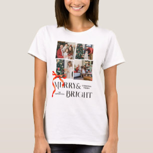 Chic 4 Photo Collage Red Ribbon Merry Christmas T-Shirt