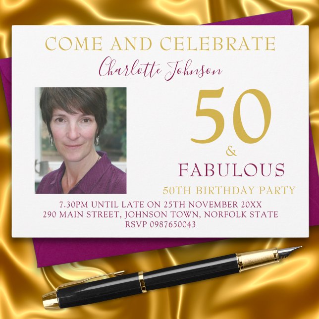 Chic 50 and Fabulous Photo 50th Birthday Party Invitation (50 and fabulous elegant 50th birthday party invitation with photo template gold and purple)