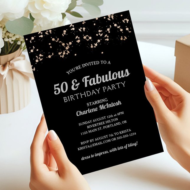 Chic 50 & Fabulous Black Gold Silver 50th Birthday Invitation (Creator Uploaded)