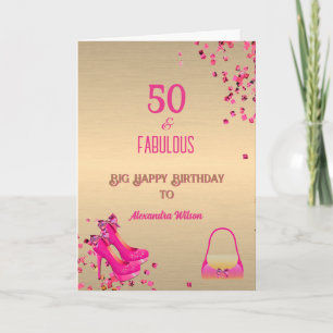 Chic 50& Fabulous High Heels Gold Hot Pink Glitter Card