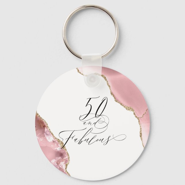 Chic 50 Fabulous Rose Gold Glitter Agate Script Key Ring (Front)