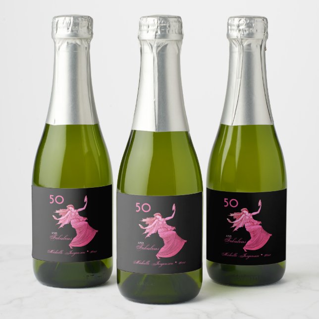Chic 50th Birthday Pink Woman Dancer Personal Mini Sparkling Wine Label (Bottles)