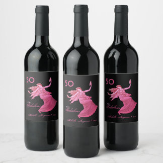 Chic 50th Birthday Pink Woman Dancer Personal Name Wine Label