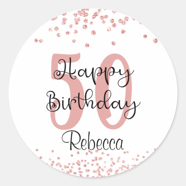Chic 50th Birthday Rose Gold Glitter Name Classic Round Sticker (Front)