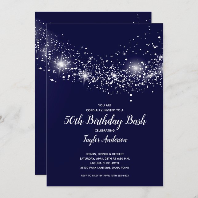Chic 50th Birthday Stars Navy Blue Invitation (Front/Back)