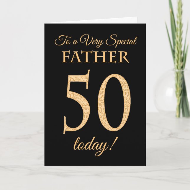Chic 50th Gold-effect on Black, Father Birthday Card (Front)