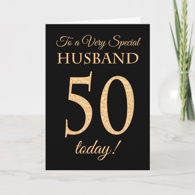 Chic 50th Gold-effect on Black, Husband Birthday Card (Front)