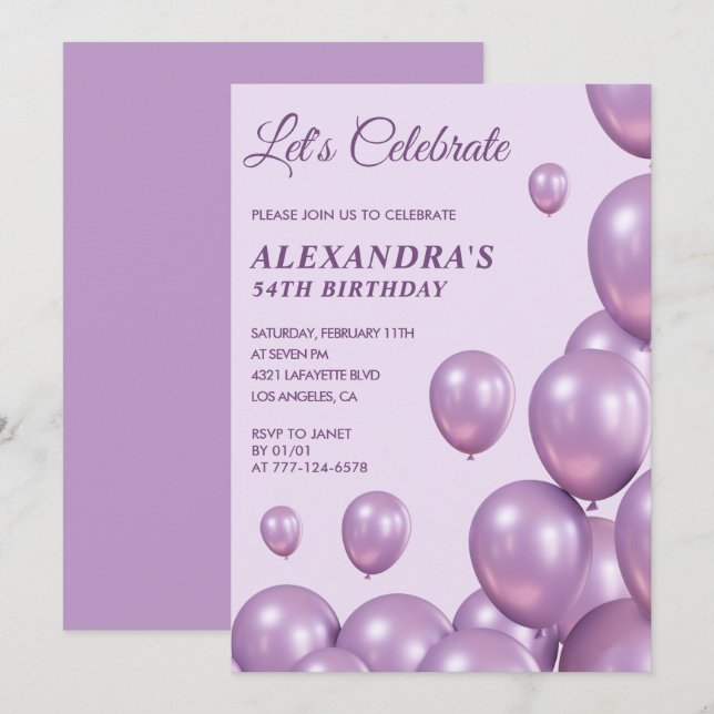 Chic 54th birthday invitations Balloons  Purple (Front/Back)