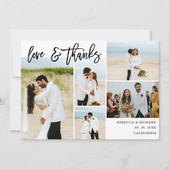 Chic 5 Bride Groom Photo Collage Script Wedding Thank You Card (Front)