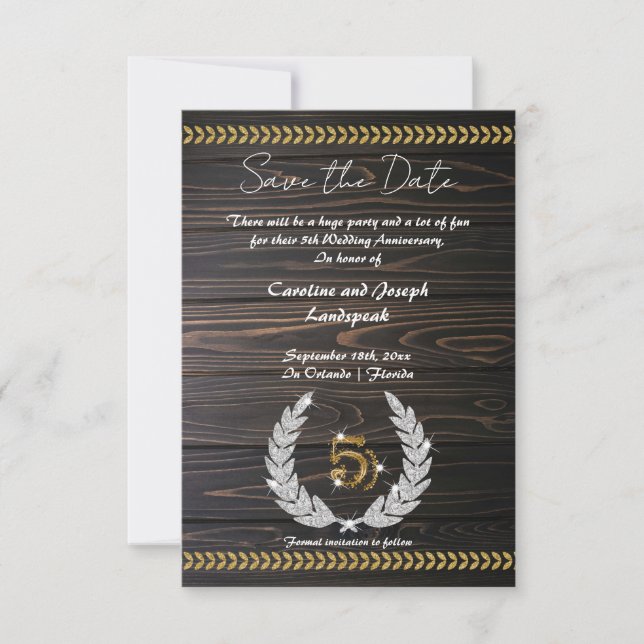 Chic 5th Anniversary Wood & Gold  Save the Date Invitation (Front)