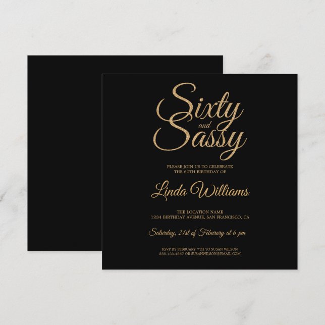 Chic 60 and Sassy Black Gold 60th Birthday Party Invitation (Front/Back)