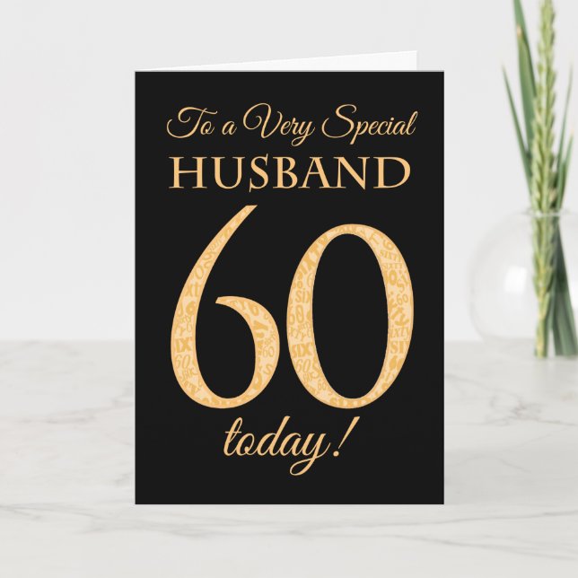 Chic 60th Gold-effect on Black, Husband Birthday Card (Front)