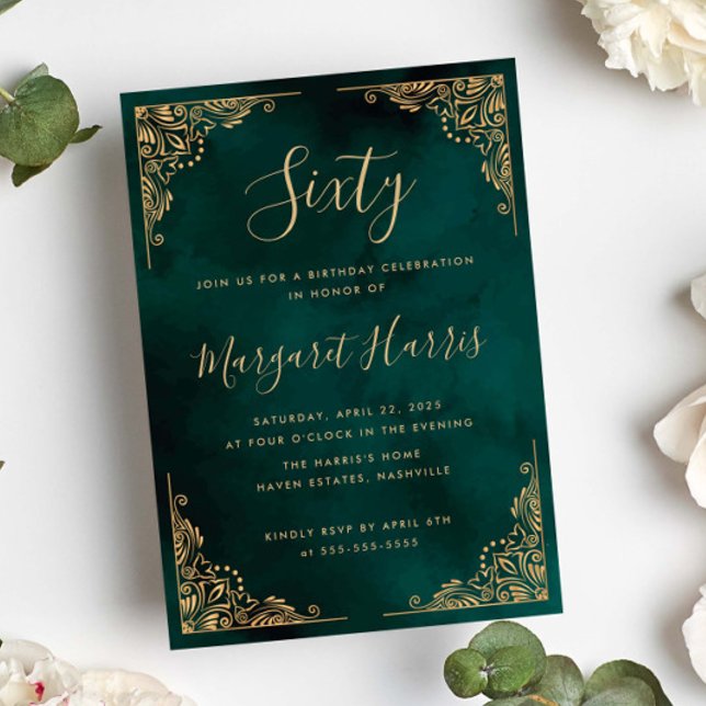 Chic 60th Sixty Gold Frame Green Birthday Invitation (Creator Uploaded)