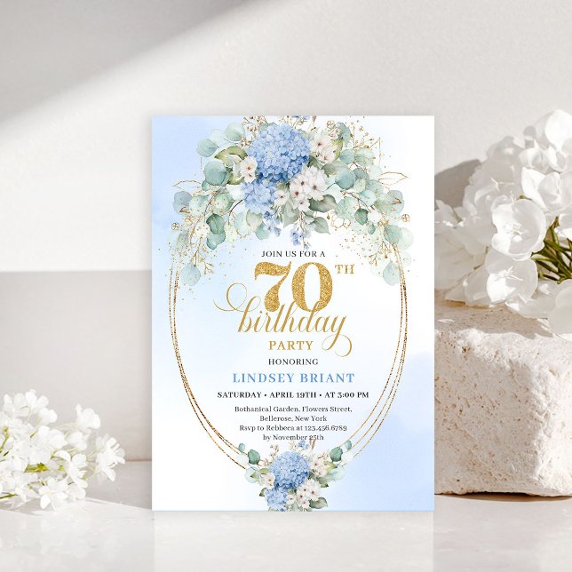 Chic 70th Birthday Pastel Blue Hydrangea Invites (Chic 70th Birthday Pastel Blue Hydrangea Invitation)