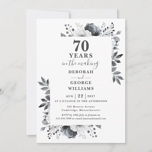 Chic 70th Wedding Anniversary Monogram Floral  Invitation (Front)