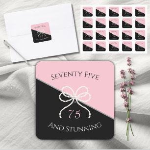 Chic 75th Gala Pink and Black Pearl Bow Birthday Square Sticker