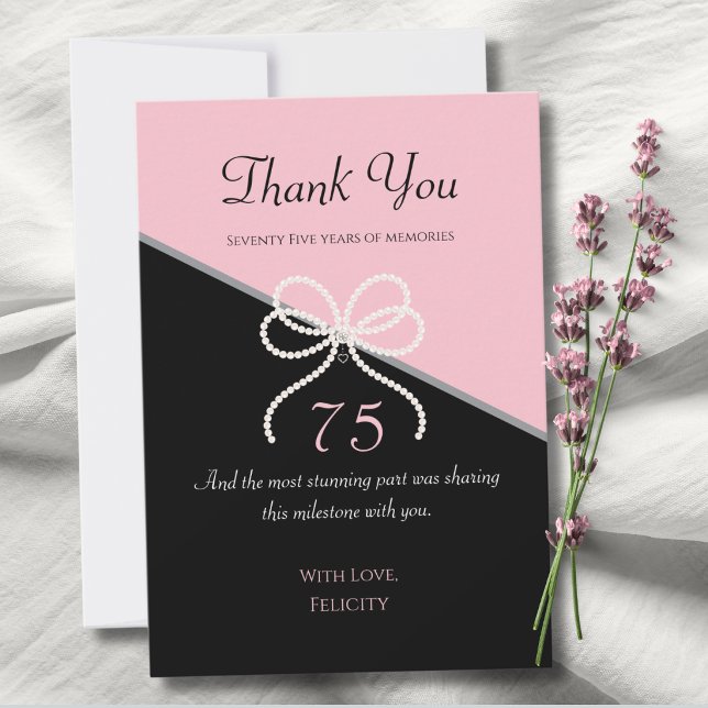 Chic 75th Gala Pink and Black Thank You Cards (Gracefully thank your gala guests with these chic pink and black pearl bow thank you cards.)