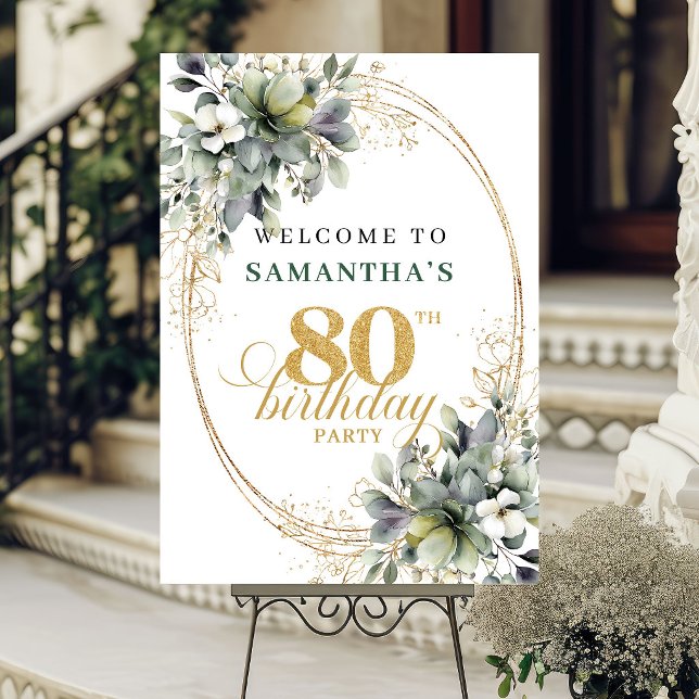 Chic 80th Birthday Boho Greenery Welcome Sign (Chic 80th Birthday Boho Greenery Welcome Sign)