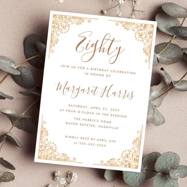 Chic 80th Eighty Gold Frame White Birthday Invitation (Creator Uploaded)