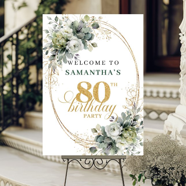 Chic 80th Greenery and Gold Welcome Sign (Chic 80th Greenery and Gold Welcome Sign)